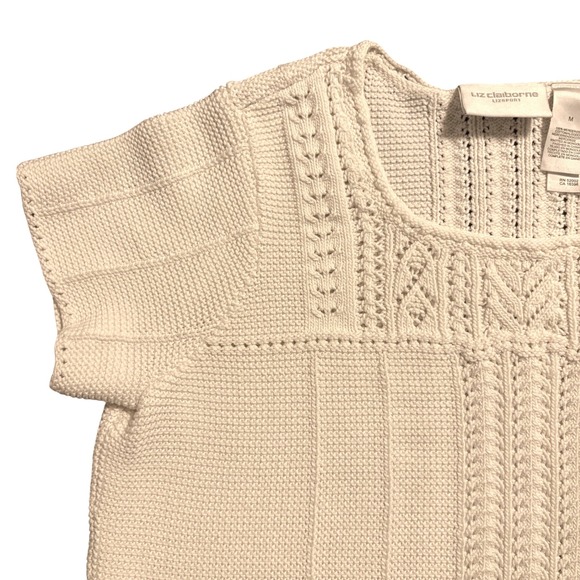Liz Claiborne Beige Knit Short Sleeve Sweater Top Womens M Cable Knit Details - Picture 2 of 6